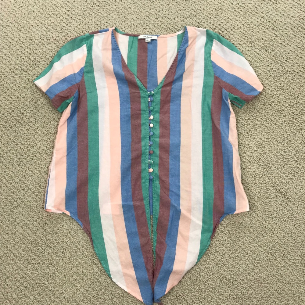 Madewell Central Tie Front Shirt Womens Small Multi Color Vertical Stripe Cotton